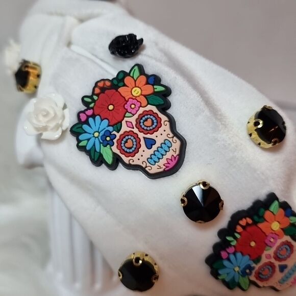 VELVET SUGAR SKULL FLORAL JEWELED HEADBAND - Picture 7 of 10